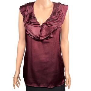 Ann Taylor Burgundy Satin Ruffle Tiered V-Neck Blouse Sleeveless Top Size 4